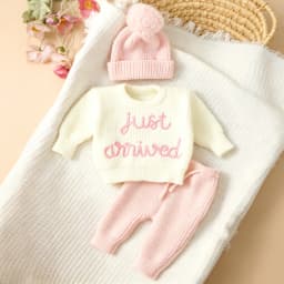 Ylsteed 3 Pcs Set Knitting Newborn Boy Photography Clothes "Just Arrived" Embroidery Khaki Baby Outfits Sweater Baby Shower Gift