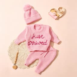 Ylsteed 3 Pcs Set Knitting Newborn Boy Photography Clothes "Just Arrived" Embroidery Khaki Baby Outfits Sweater Baby Shower Gift