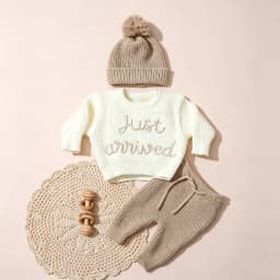 Ylsteed 3 Pcs Set Knitting Newborn Boy Photography Clothes "Just Arrived" Embroidery Khaki Baby Outfits Sweater Baby Shower Gift