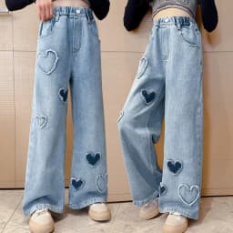 Teenagers Girls Jeans Love Embroidery Children Trousers Autumn Girls Denim Wide Leg Pants 5 6 8 10 12 14 Years New Kids Clothes