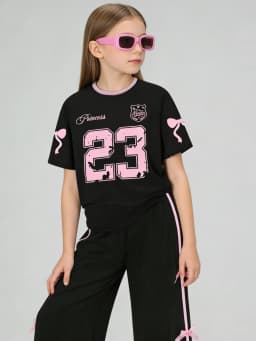 Kids Girls 2-Piece Casual Outfit, Black Pink Number 23 Bow Print Short Sleeve T-Shirt & Side Stripe Bow Decor Wide Leg Pants Set