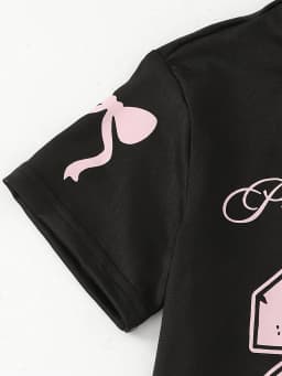 Kids Girls 2-Piece Casual Outfit, Black Pink Number 23 Bow Print Short Sleeve T-Shirt & Side Stripe Bow Decor Wide Leg Pants Set