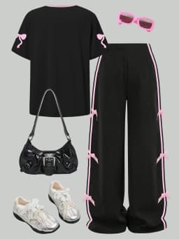 Kids Girls 2-Piece Casual Outfit, Black Pink Number 23 Bow Print Short Sleeve T-Shirt & Side Stripe Bow Decor Wide Leg Pants Set