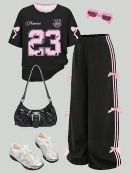 Kids Girls 2-Piece Casual Outfit, Black Pink Number 23 Bow Print Short Sleeve T-Shirt & Side Stripe Bow Decor Wide Leg Pants Set