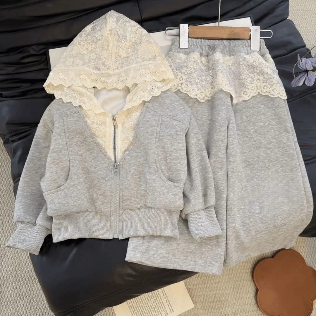 Girls' Korean Lace Hooded Cardigan + Apron Dress – 2-Piece Spring Casual Outfit for Toddler, Soft Daily Wear Baby Girl Clothes