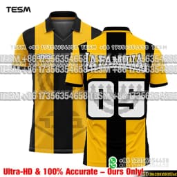 Men's 2005 Retro Lapel Polo Soccer Jersey, Black and Yellow Vertical Striped Football Shirt, Casual Sports Short Sleeve Team Uni