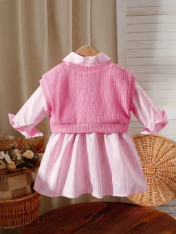 Two-piece baby girl embroidered vest and striped long-sleeved shirt dress for daily casual wear, versatile for spring and summer