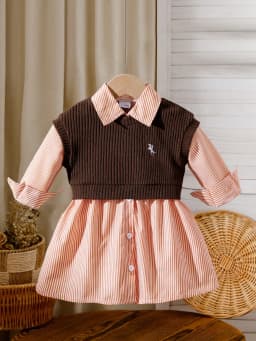 Two-piece baby girl embroidered vest and striped long-sleeved shirt dress for daily casual wear, versatile for spring and summer