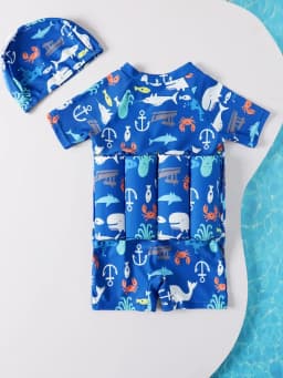 Children Swimming Training Swimwear Boys Girls Swimming Suit Detachable Floating Swimsuit Kids Buofancy Swimwear+Caps Suit