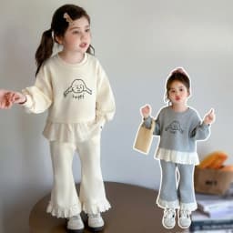 Spring and Autumn Korean Version Plain Girls' Clothing Lace Splicing Children's Set Long Sleeve Cartoon Printed Top + Pants