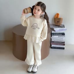 Spring and Autumn Korean Version Plain Girls' Clothing Lace Splicing Children's Set Long Sleeve Cartoon Printed Top + Pants