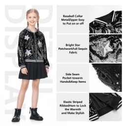 LOlanta Girls Sequin Bomber Jacket with Pockets Zipper Long Sleeve Sparkle Baseball Jackets for Kid 4-13 Years