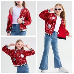LOlanta Girls Sequin Bomber Jacket with Pockets Zipper Long Sleeve Sparkle Baseball Jackets for Kid 4-13 Years