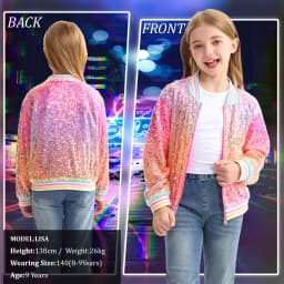 LOlanta Girls Sequin Bomber Jacket with Pockets Zipper Long Sleeve Sparkle Baseball Jackets for Kid 4-13 Years