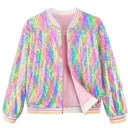 LOlanta Girls Sequin Bomber Jacket with Pockets Zipper Long Sleeve Sparkle Baseball Jackets for Kid 4-13 Years