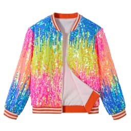 LOlanta Girls Sequin Bomber Jacket with Pockets Zipper Long Sleeve Sparkle Baseball Jackets for Kid 4-13 Years