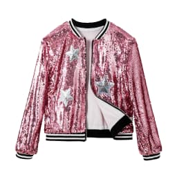 LOlanta Girls Sequin Bomber Jacket with Pockets Zipper Long Sleeve Sparkle Baseball Jackets for Kid 4-13 Years