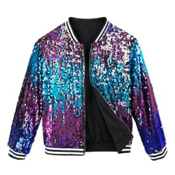 LOlanta Girls Sequin Bomber Jacket with Pockets Zipper Long Sleeve Sparkle Baseball Jackets for Kid 4-13 Years