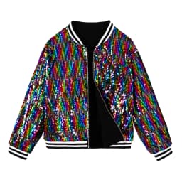 LOlanta Girls Sequin Bomber Jacket with Pockets Zipper Long Sleeve Sparkle Baseball Jackets for Kid 4-13 Years