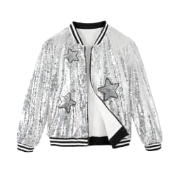 LOlanta Girls Sequin Bomber Jacket with Pockets Zipper Long Sleeve Sparkle Baseball Jackets for Kid 4-13 Years