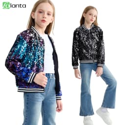LOlanta Girls Sequin Bomber Jacket with Pockets Zipper Long Sleeve Sparkle Baseball Jackets for Kid 4-13 Years