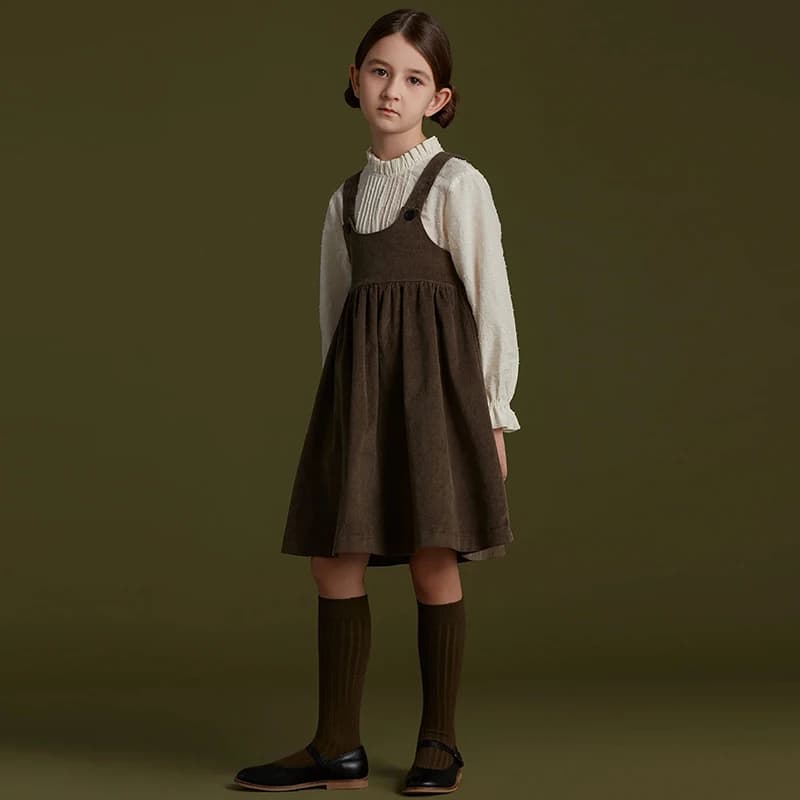 2026 Autumn New Retro Corduroy Adjustable Straps Dress Girls Casual Loose Sleeveless Ruched Dresses Children's Clothing