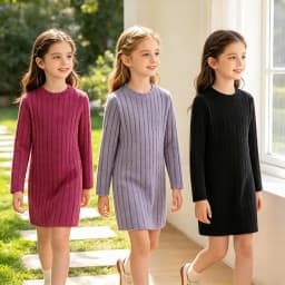 Girls' Three-Piece Set Fashionable Casual Solid Color Vertical Stripe Knitted Round Neck Long Sleeve Slim Fit Dress
