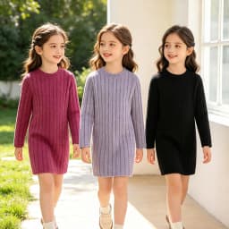 Girls' Three-Piece Set Fashionable Casual Solid Color Vertical Stripe Knitted Round Neck Long Sleeve Slim Fit Dress