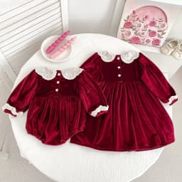 New Christmas Kids Party Dress Baby Bodysuits Sisters Clothes Autumn Sisters Girls Princess Dress Lace Red New Year Kids Clothes