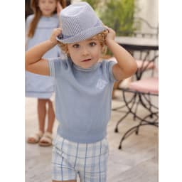 AP Barcelona Blue Collection Girls Dress Embroidery Brothers Sisters Family Matching Clothing Boys Plaid Set Knit Top