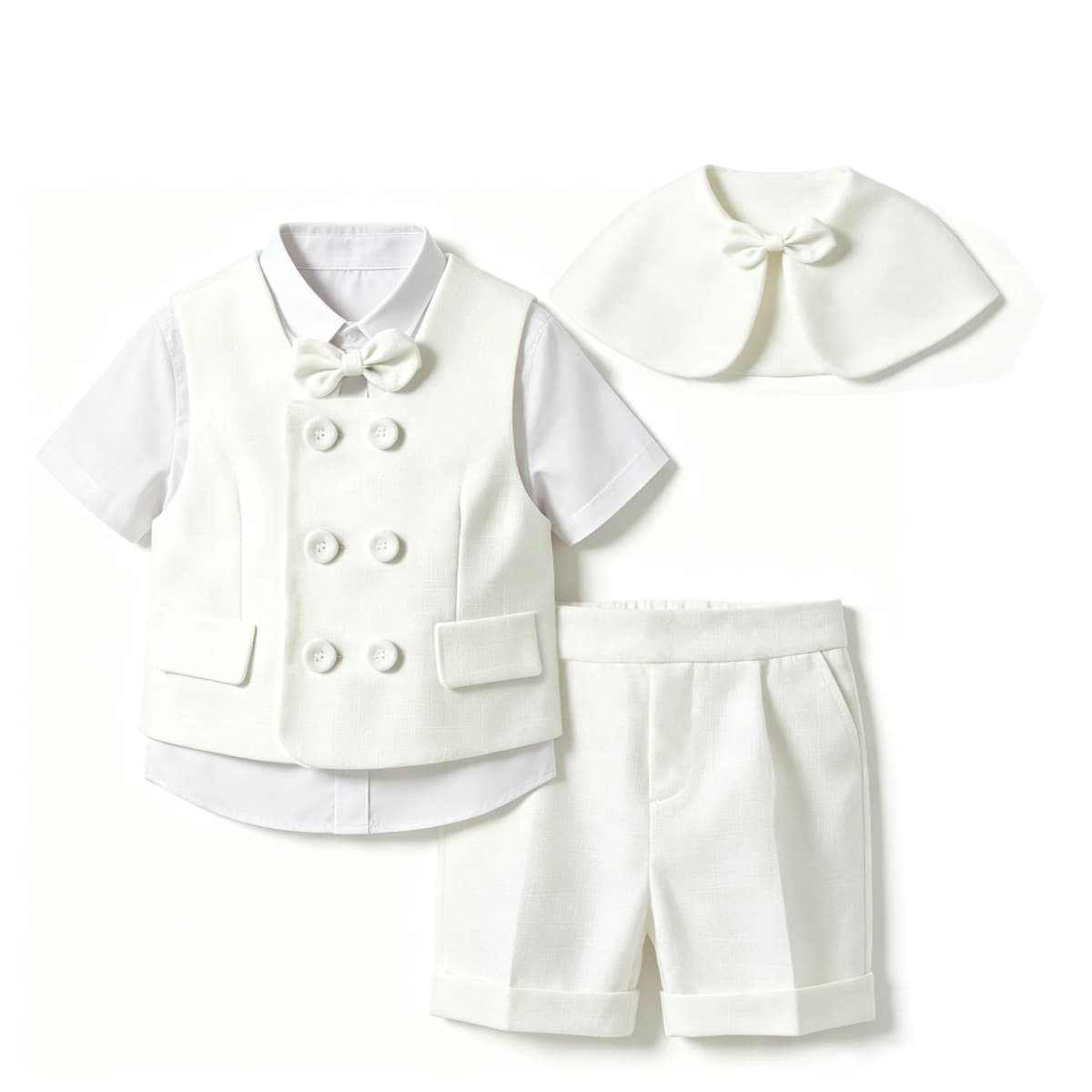 Toddler Boy White Gentleman 4PCS Suit Waistcoat Short Sleeve Shirt Suspender Shorts Bow Shawl Wedding Baptism Formal Party Outfi