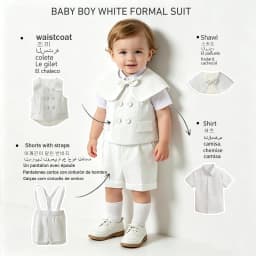 Toddler Boy White Gentleman 4PCS Suit Waistcoat Short Sleeve Shirt Suspender Shorts Bow Shawl Wedding Baptism Formal Party Outfi