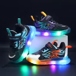 Mgo Kidss Teen Led Cartoon Dragon Sneakers - Boys' Sneakers with Flashing Lights, Camouflage and Solid Patterns, Velcro Closure, Ages 1-9, Perfect for Casual Play, Seasonal Youth Footwear | Dragon-Themed Shoes | Durabl