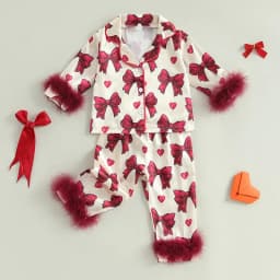 Kid Clothes Girl Satin Pajamas Set Bow Print Feather Cuffs Long Sleeve Lapel Button Down Tops with Pants Sleepwear