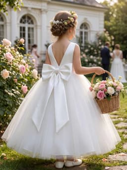 White Evening Dress With Large Bow, Party Dresses For Girls, Fluffy Netted Dresses, Children Princess Prom Pageant Ball Gown