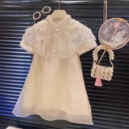 Summer New Chinese Style Elegant White Lace Flower Embroidered Short Sleeve Dress Sweet Girl's Clothes 2-7 Year Old Cheongsam