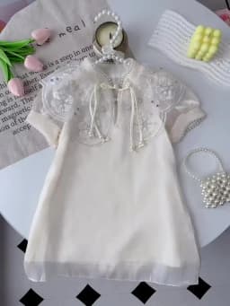 Summer New Chinese Style Elegant White Lace Flower Embroidered Short Sleeve Dress Sweet Girl's Clothes 2-7 Year Old Cheongsam