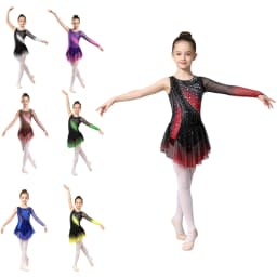 Kids Girls Figure Skating Rhythmic Gymnastics Costume Lyrical Dance Dress Shiny Rhinestone Sheer Mesh Split Dress Ballet Leotard