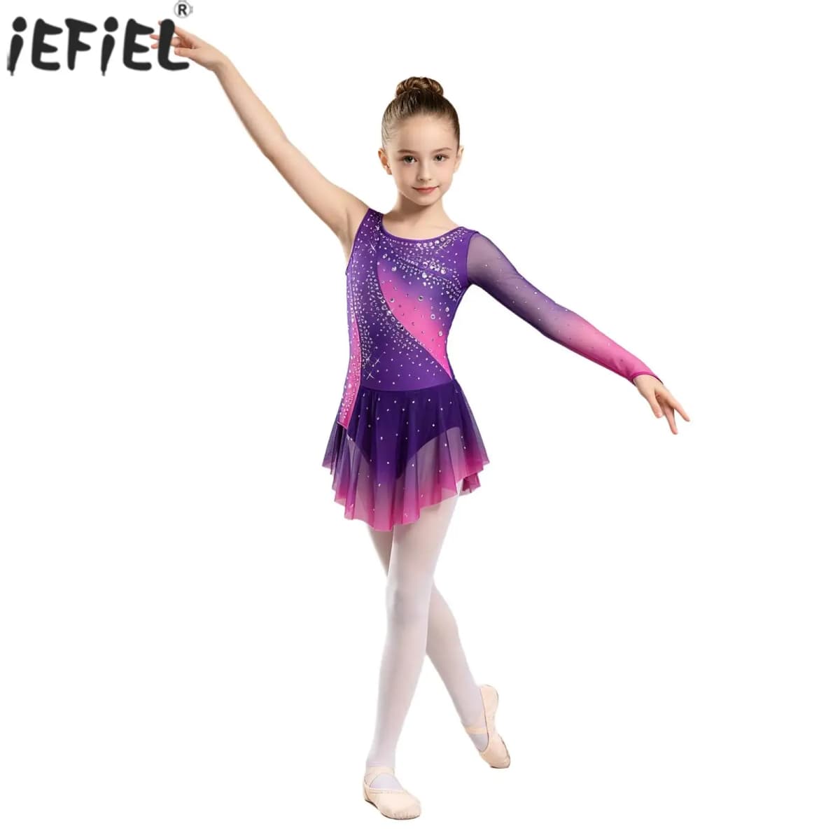 Kids Girls Figure Skating Rhythmic Gymnastics Costume Lyrical Dance Dress Shiny Rhinestone Sheer Mesh Split Dress Ballet Leotard
