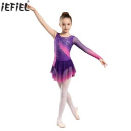 Kids Girls Figure Skating Rhythmic Gymnastics Costume Lyrical Dance Dress Shiny Rhinestone Sheer Mesh Split Dress Ballet Leotard