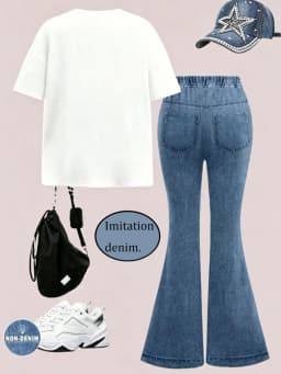 Girls' Summer Casual Outfit, Children's Casual Bowknot Set, Faux Denim Flared Pants + Round Neck Short-Sleeve T-Shirt Two-Piece Set, Trendy Daily Wear for Girls, Suitable for Ages 4-12