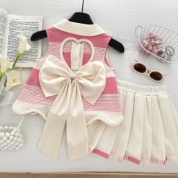 Korean Version Summer New Sweet and Cute Pink Love Collar Striped Bow Top+pleated Skirt Two-piece Set for Girls Aged 2-9