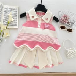 Korean Version Summer New Sweet and Cute Pink Love Collar Striped Bow Top+pleated Skirt Two-piece Set for Girls Aged 2-9