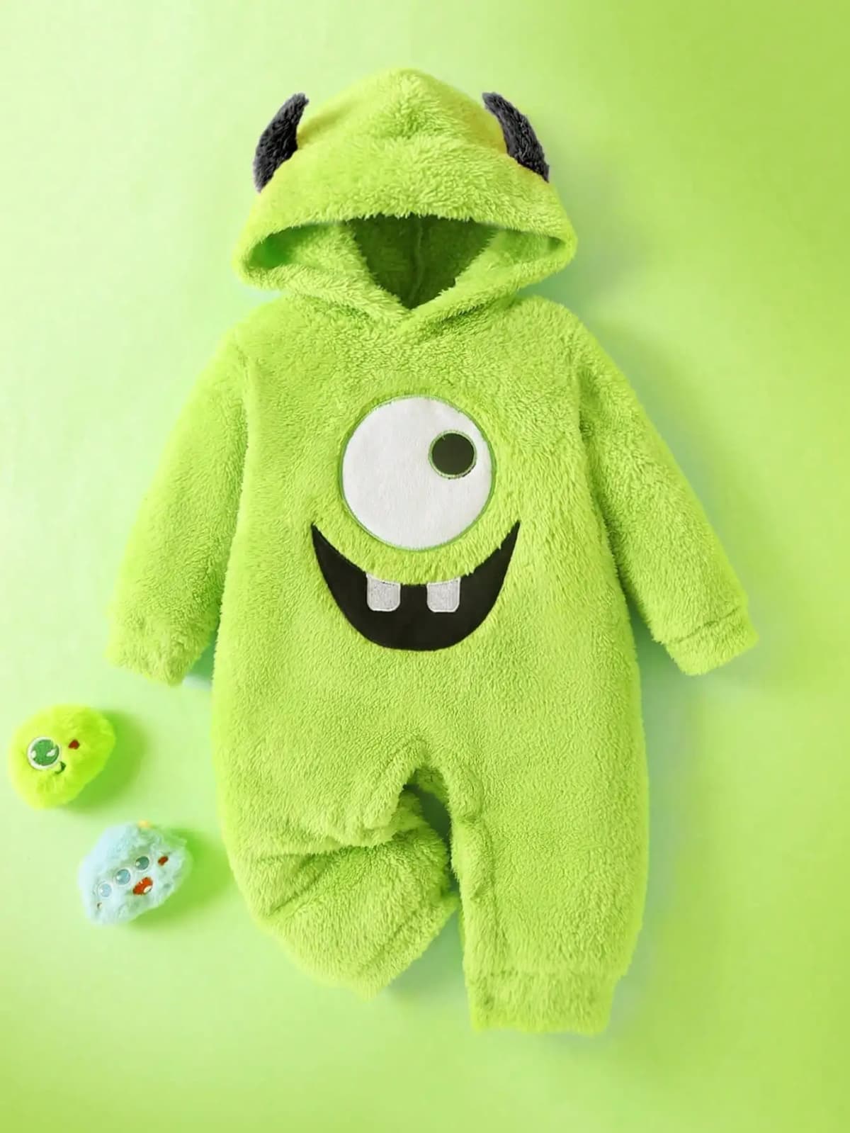 Baby boy monster embroidered demon ear hat plush jumpsuit