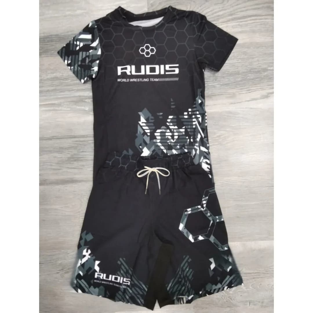 Summer Men's/Kids Honeycomb Print Wrestling Style Sport Set Quick Dry Rash Guard & Shorts Breathable Athletic Training Uniform