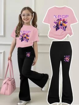 Girls 2 Piece K-POP Graphic Outfit Short Sleeve T-shirt & Flare Leg Pants Kids Casual Streetwear Set