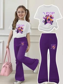 Girls 2 Piece K-POP Graphic Outfit Short Sleeve T-shirt & Flare Leg Pants Kids Casual Streetwear Set