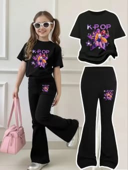 Girls 2 Piece K-POP Graphic Outfit Short Sleeve T-shirt & Flare Leg Pants Kids Casual Streetwear Set