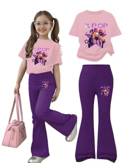 Girls 2 Piece K-POP Graphic Outfit Short Sleeve T-shirt & Flare Leg Pants Kids Casual Streetwear Set