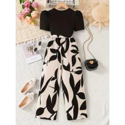 Girls Solid Color Bow Waist Tied Top And Wide Leg Pants Set Summer Vacation Outdoor Wear Comfortable Loose Fit Outfit for Kids
